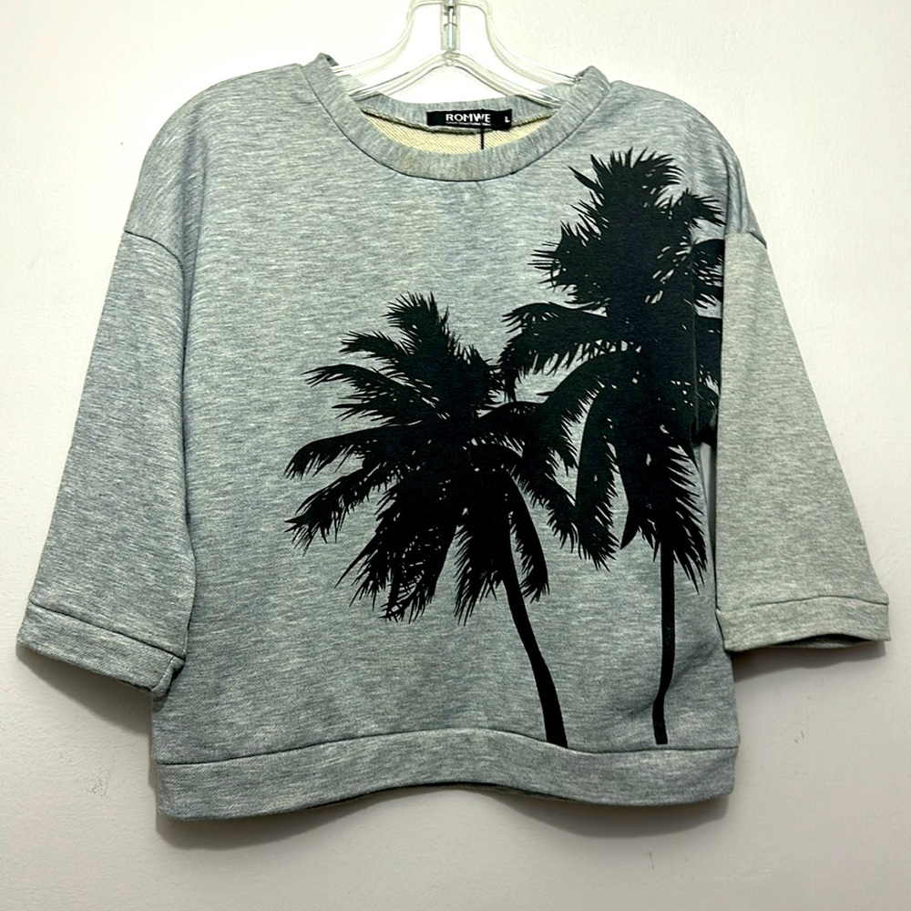 Romwe Gray Palm Tree Cropped Sweatshirt size L NWT